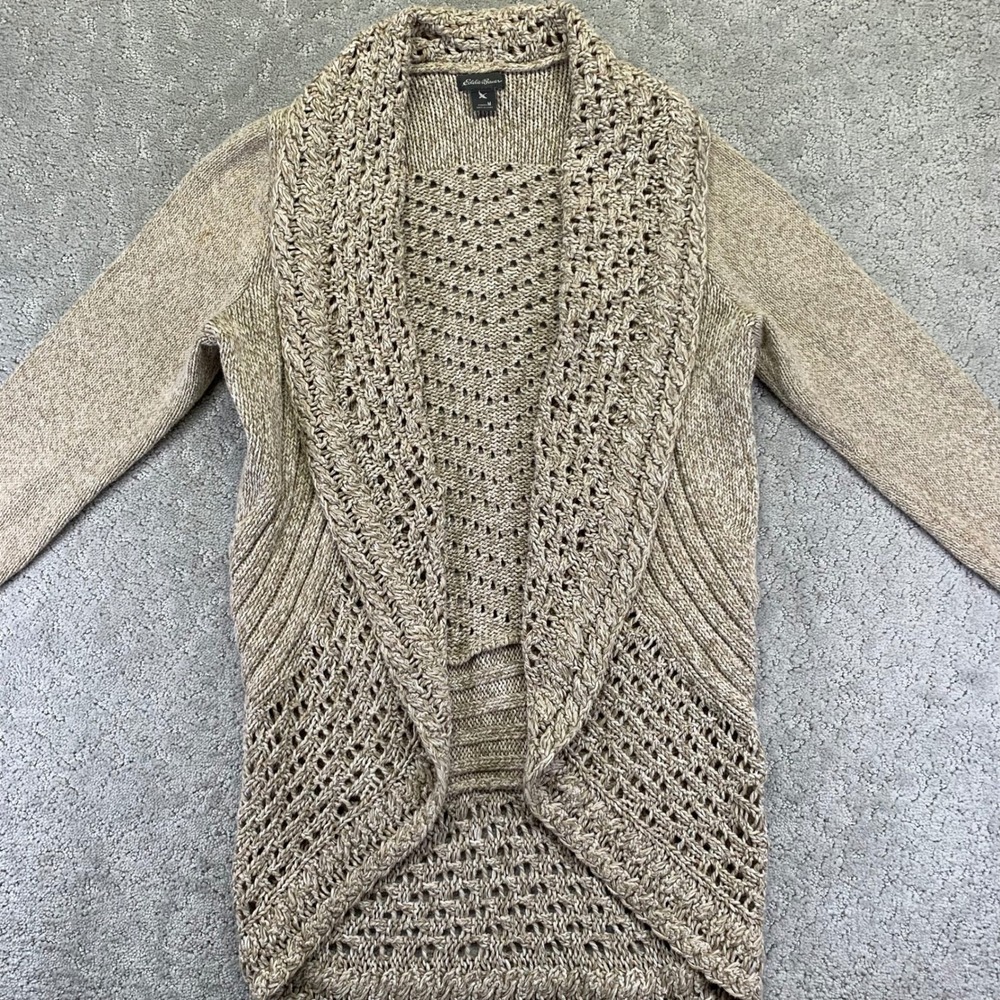 Eddie Bauer Womens Cardigan Sweater Medium Cream Crochet Open Front Cotton